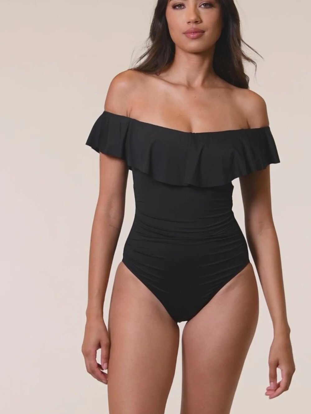 La Blanca Island Goddess Black off the shoulder 1-piece bathing suit sz 8 US